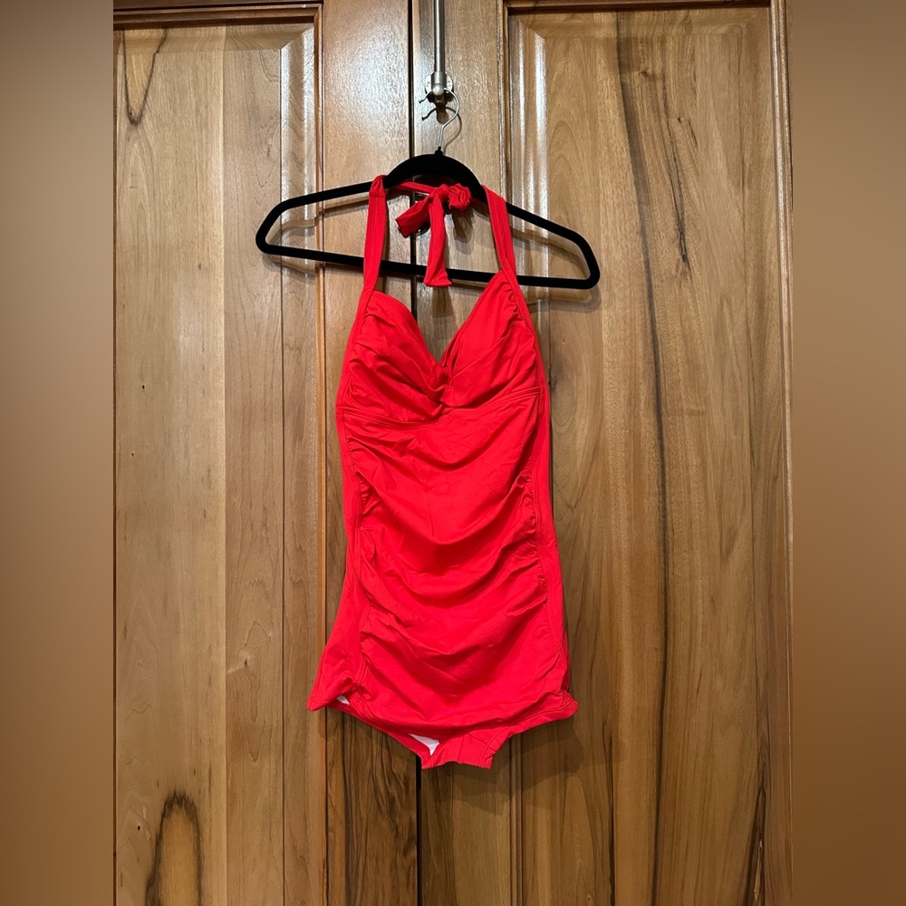 NWT Red Ruched Halter-Top/Boy-Short One-Piece Swimsuit - L